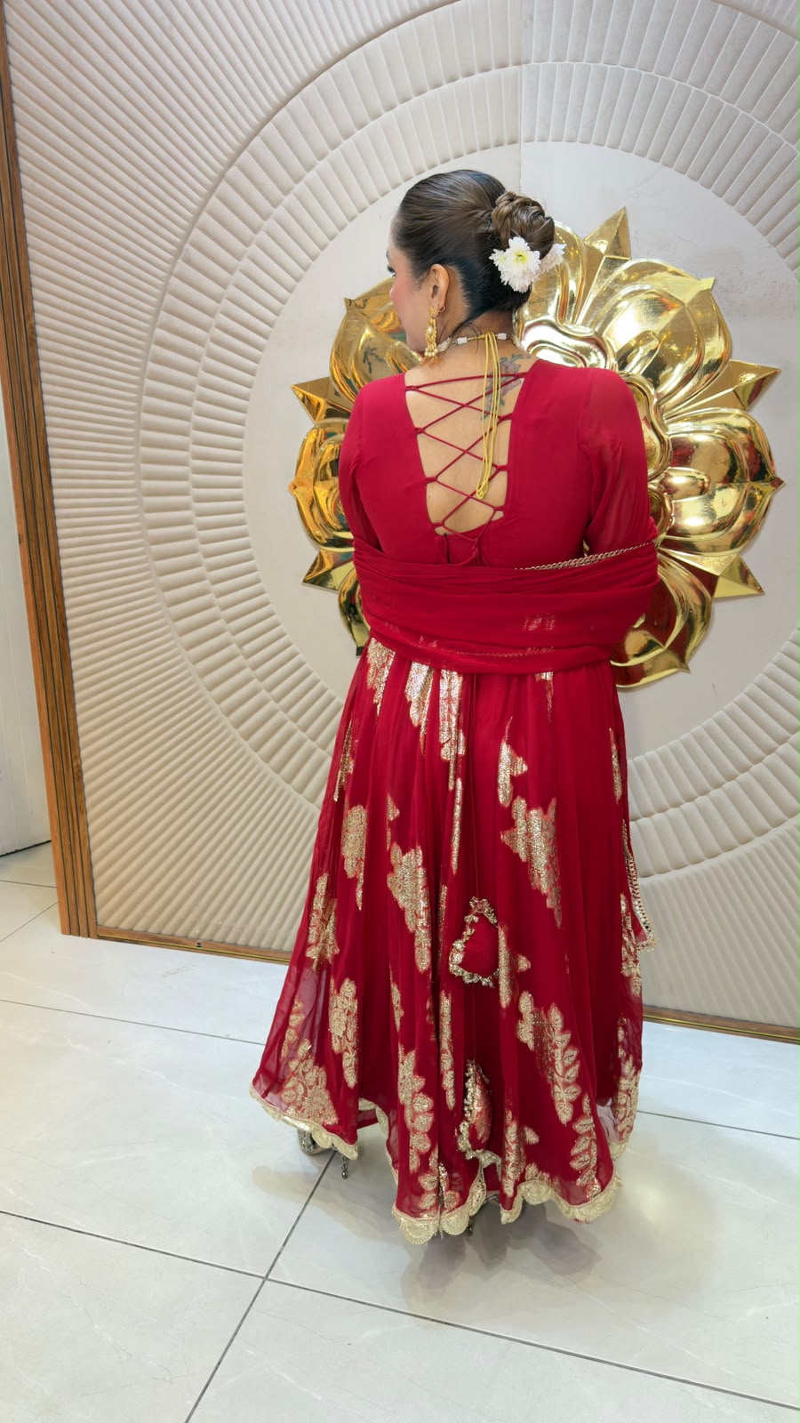 Elegant red and gold embellished Anarkali suit set  PC3353