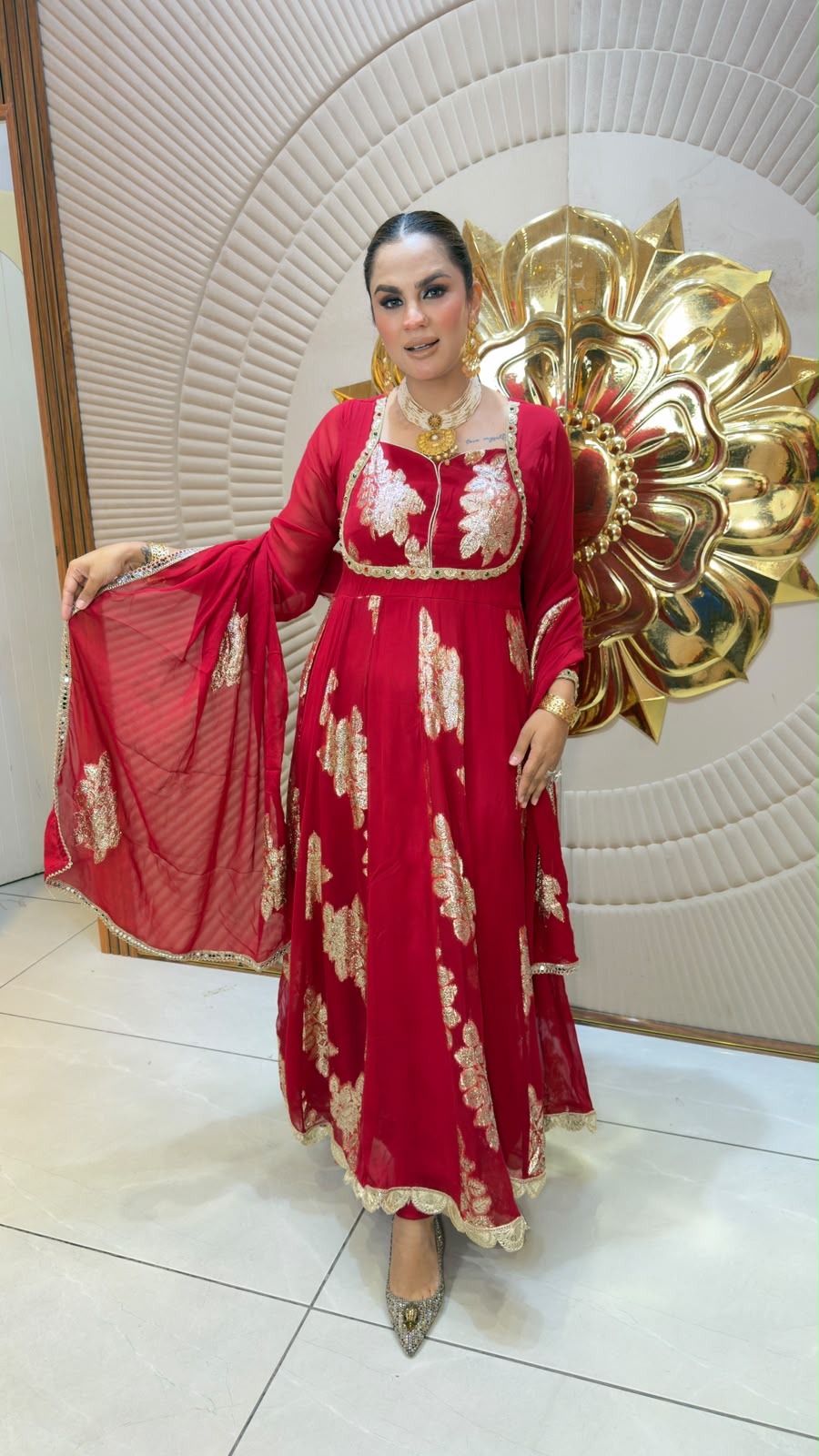 Elegant red and gold embellished Anarkali suit set  PC3353