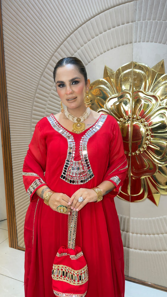 Elegant festive red Anarkali suit set PC3352