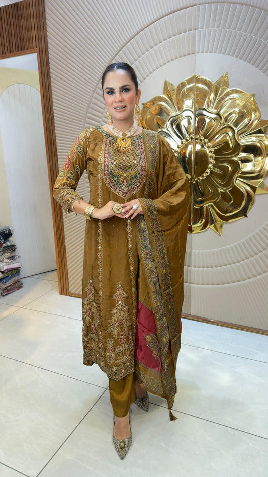 Elegant mustard-gold ethnic ensemble or embroidered straight or A-line kurta PC3350