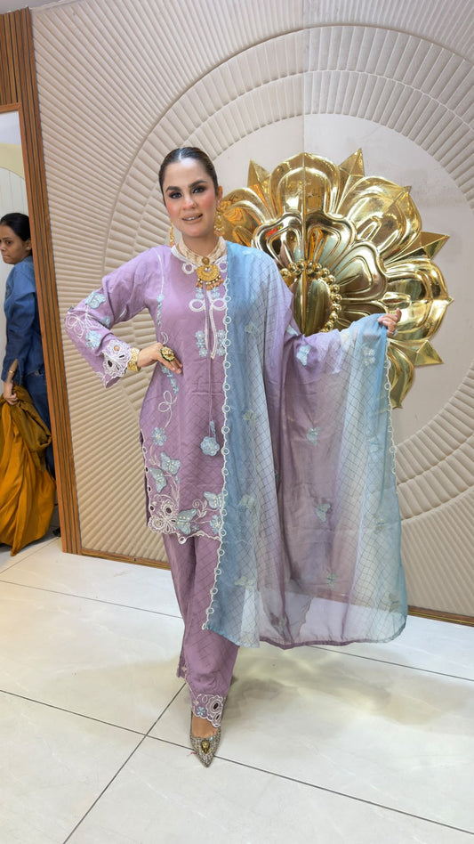 Elegant mauve embroidered organza kurta set PC3349