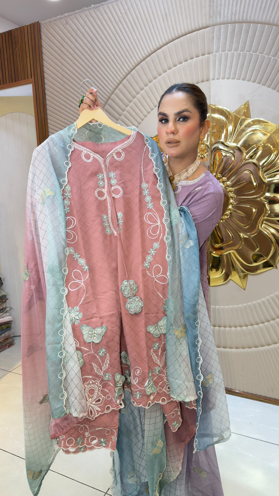 Elegant mauve embroidered organza kurta set PC3349
