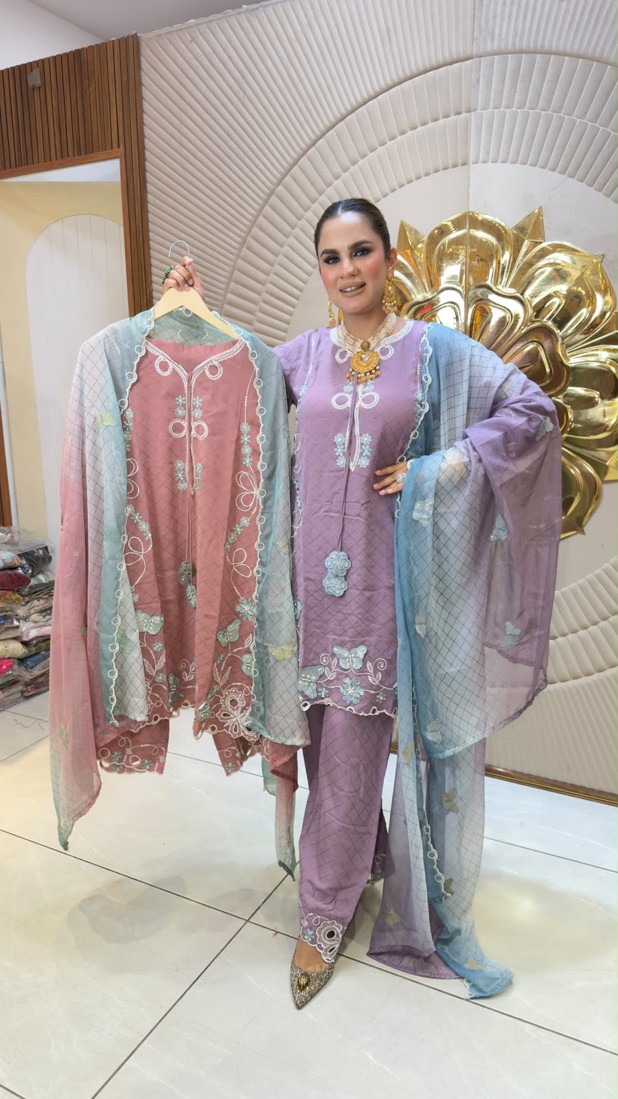 Elegant mauve embroidered organza kurta set PC3349