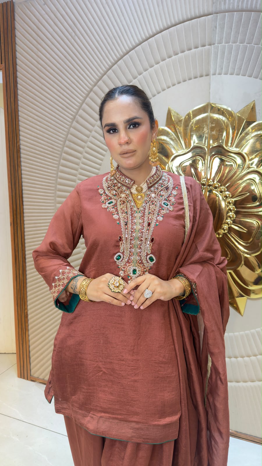 Elegant Rust-colored hand-embroidered farshi kurta set PC3346