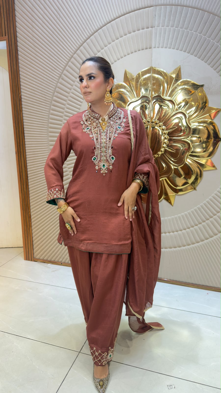 Elegant Rust-colored hand-embroidered farshi kurta set PC3346