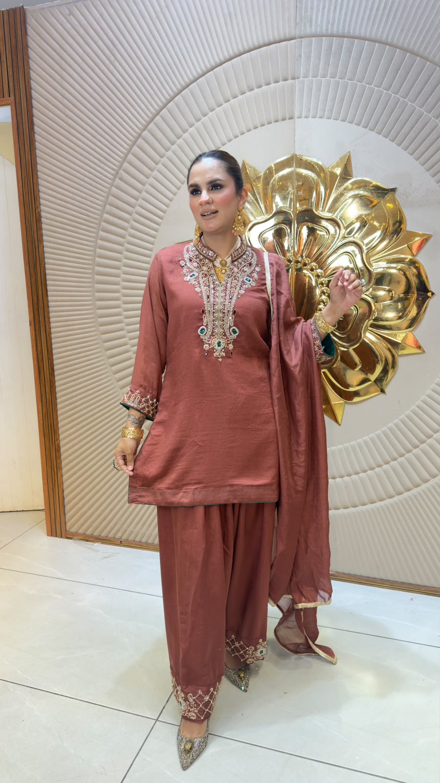 Elegant Rust-colored hand-embroidered farshi kurta set PC3346