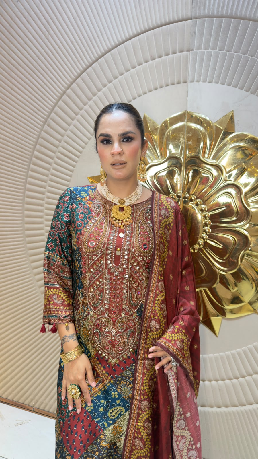 Elegant multi-colored patchwork and paisley-printed long kurta PC3344