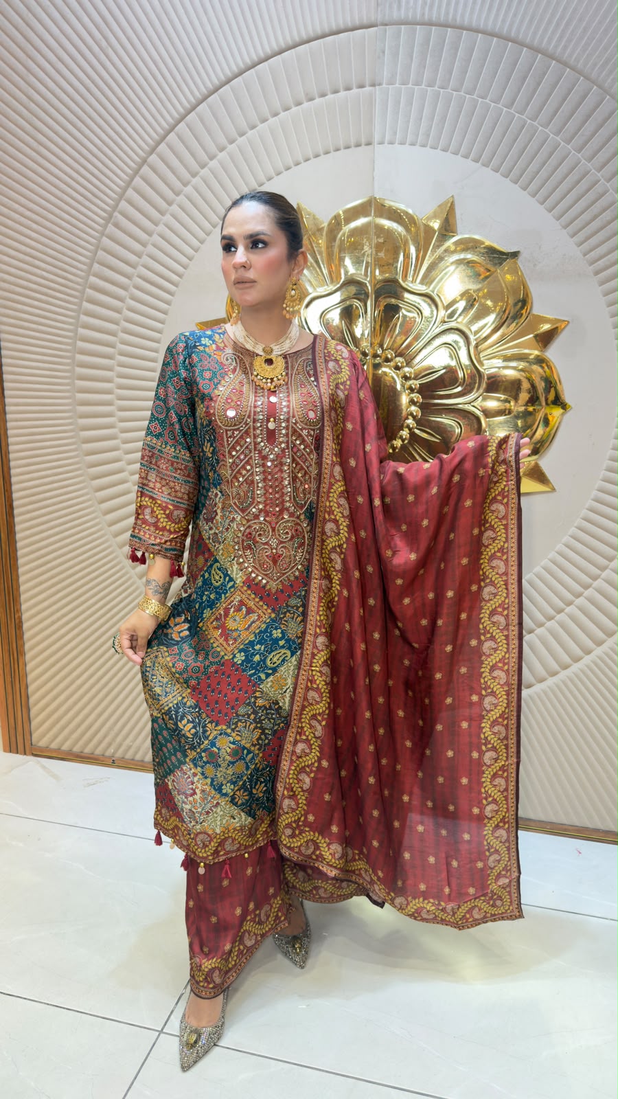 Elegant multi-colored patchwork and paisley-printed long kurta PC3344