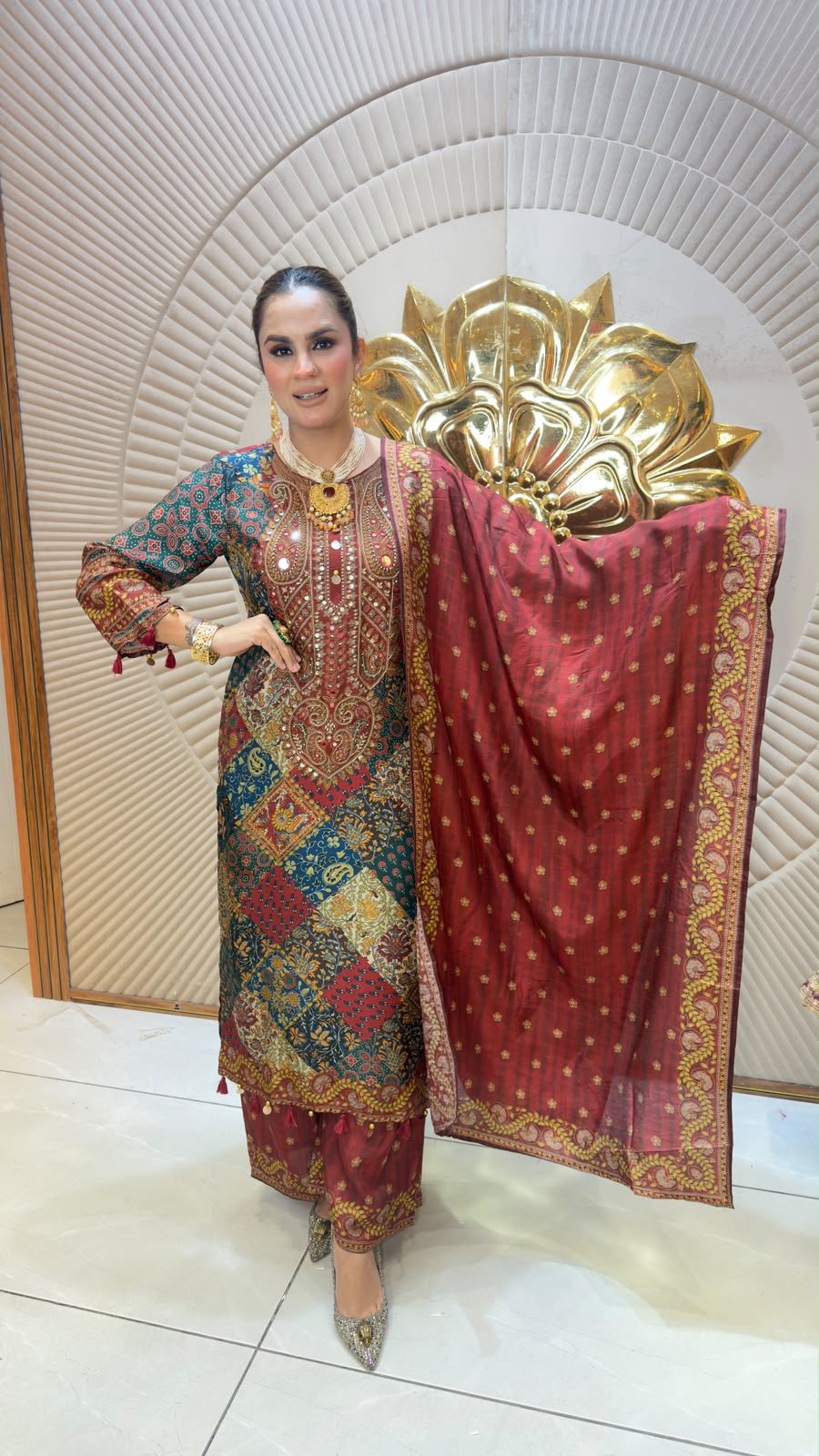 Elegant multi-colored patchwork and paisley-printed long kurta PC3344