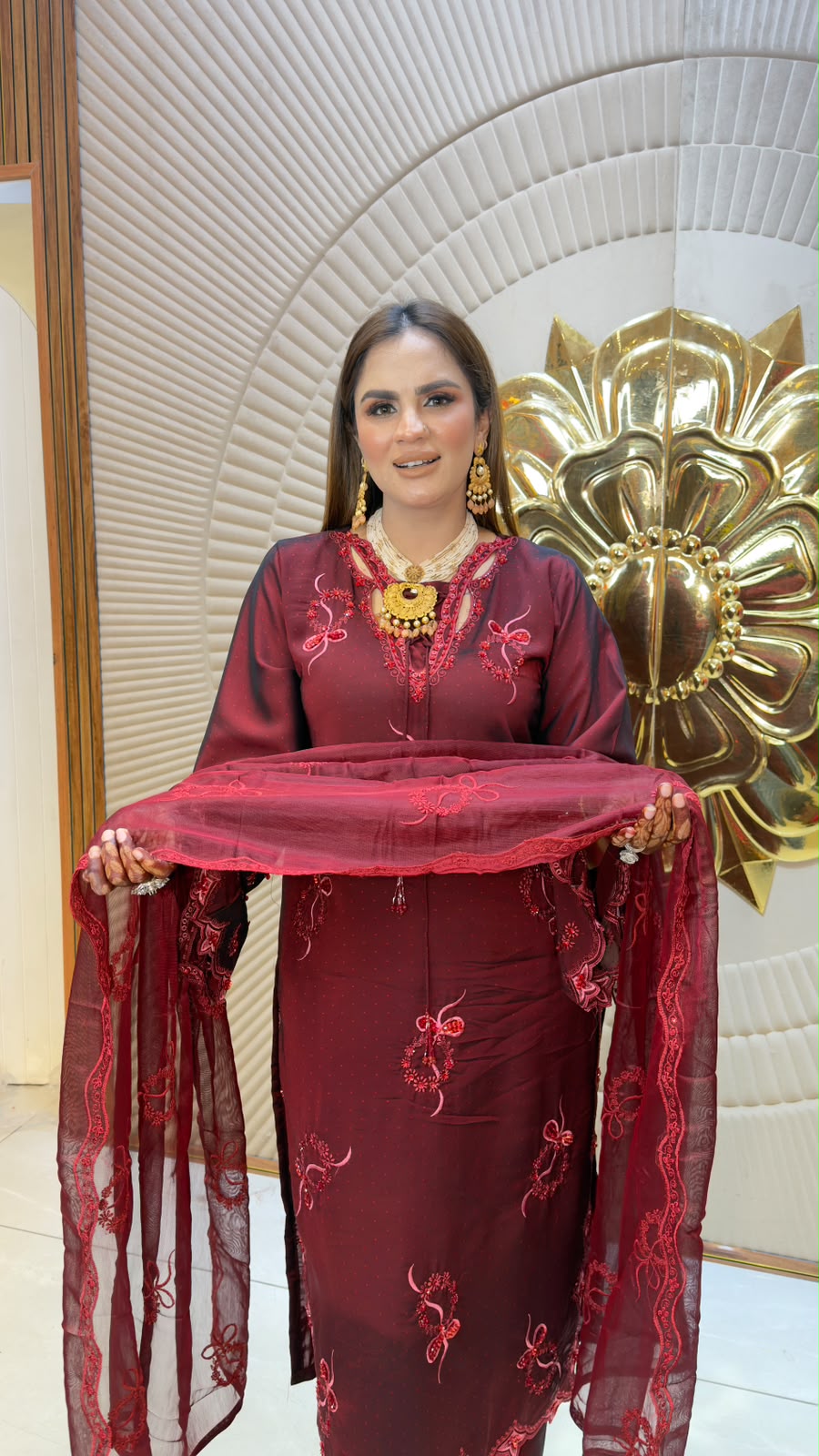 Elegant burgundy or mahogany 3-piece ethnic kurta set PC3356
