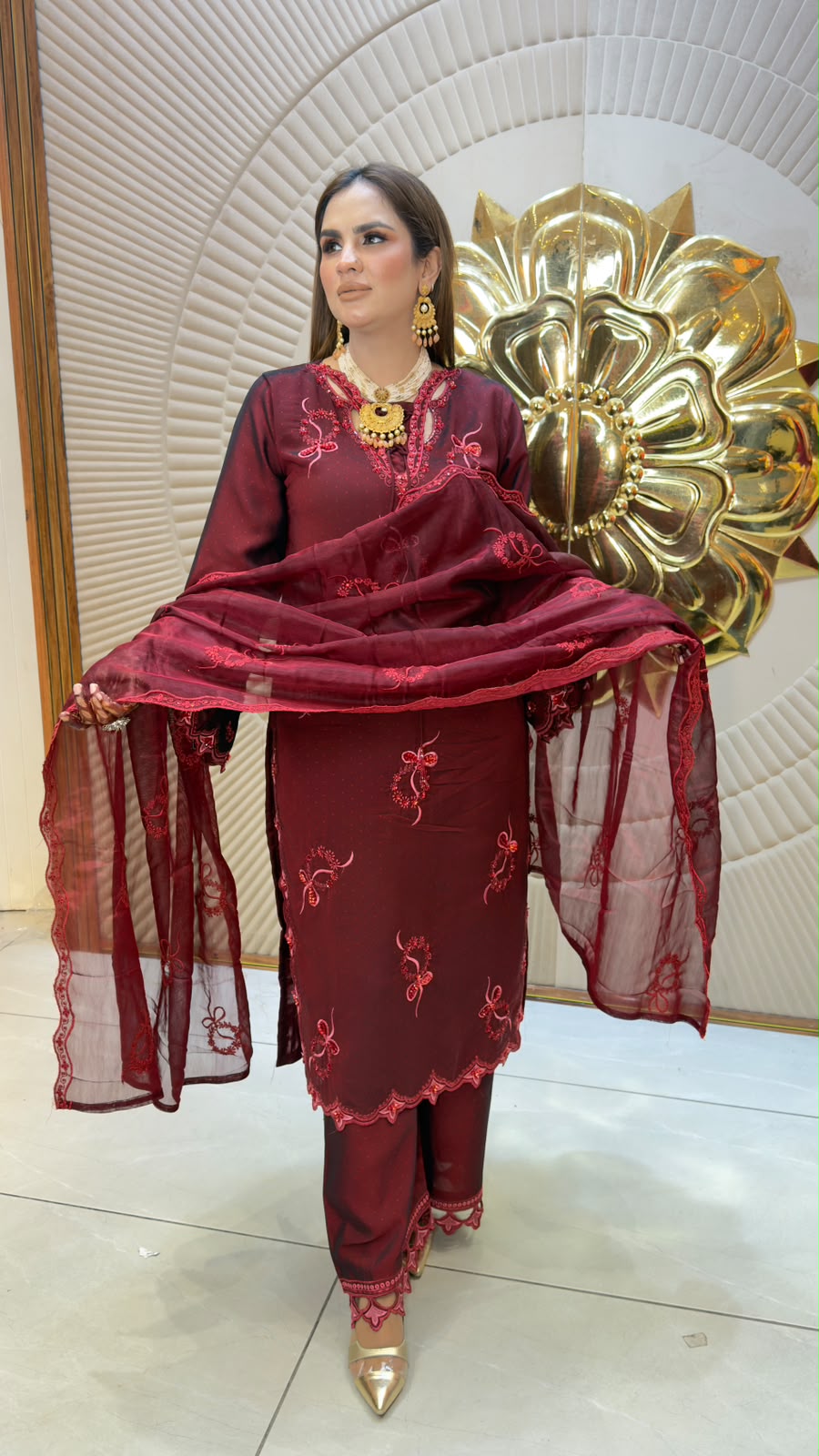 Elegant burgundy or mahogany 3-piece ethnic kurta set PC3356