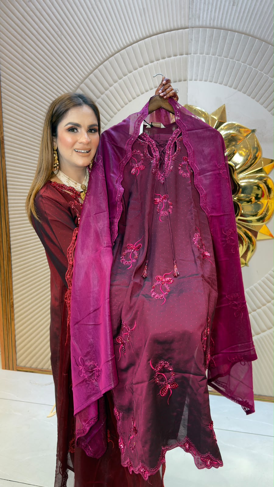 Elegant burgundy or mahogany 3-piece ethnic kurta set PC3356