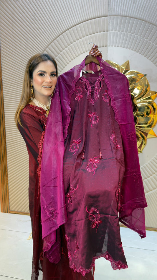 Elegant burgundy or mahogany 3-piece ethnic kurta set PC3356