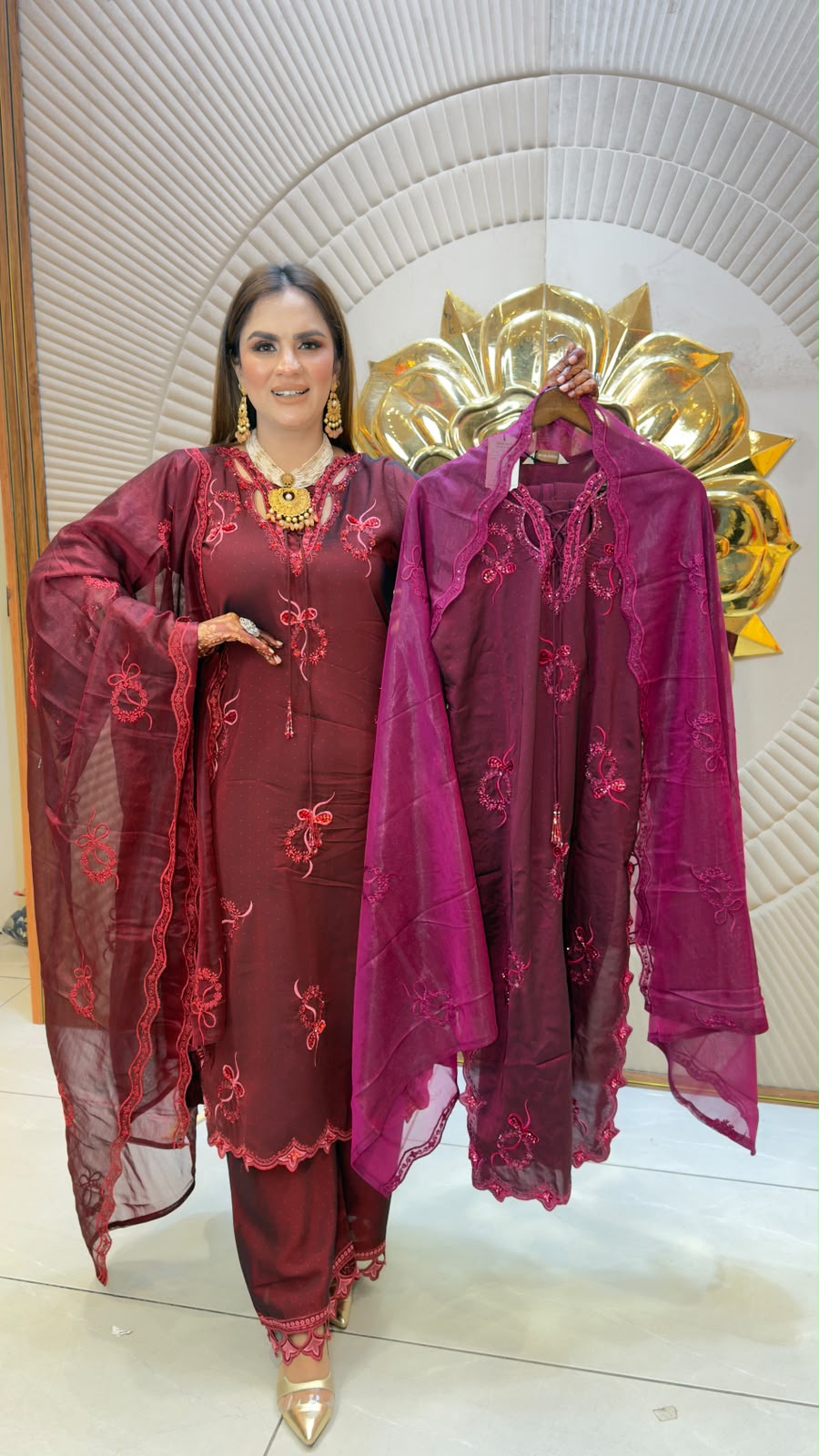 Elegant burgundy or mahogany 3-piece ethnic kurta set PC3356
