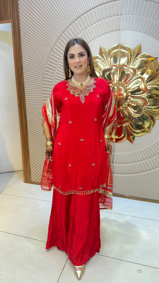 Elegant embroidered short kurti, matching sharara pants, and a dupatta set PC3358