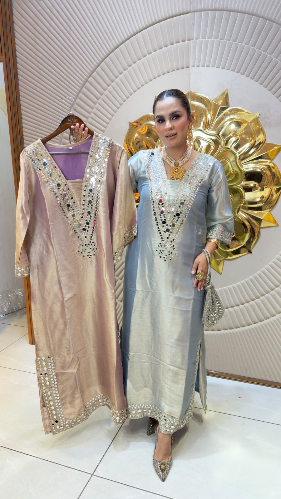 Elegant tissue-silk long mirror-work outfit  PC3362