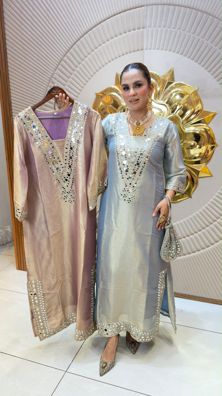 Elegant tissue-silk long mirror-work outfit  PC3362