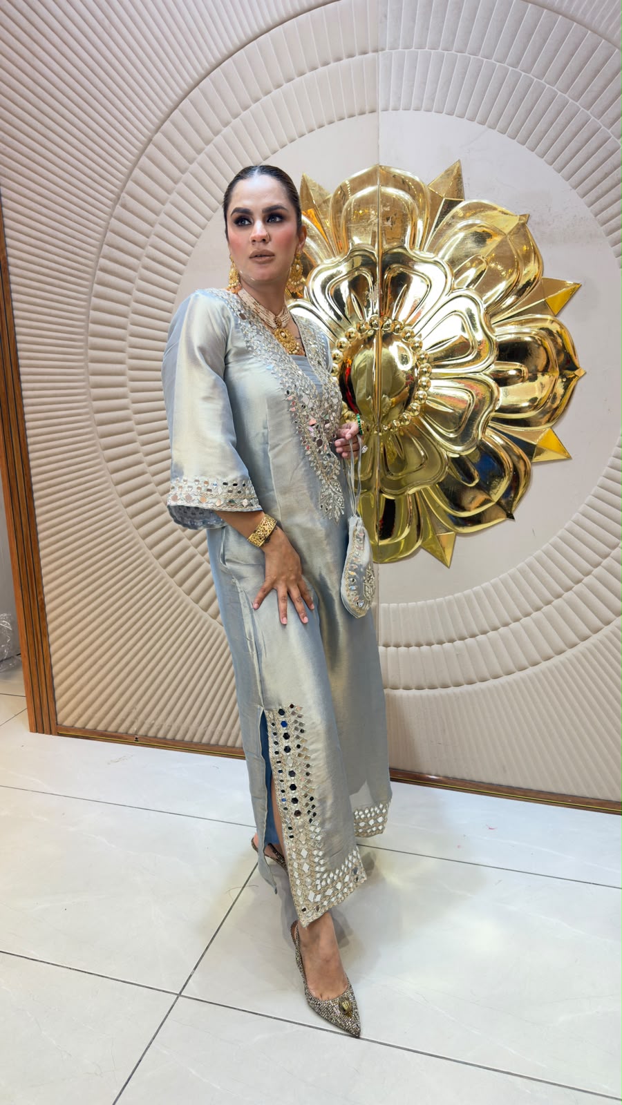 Elegant tissue-silk long mirror-work outfit  PC3362