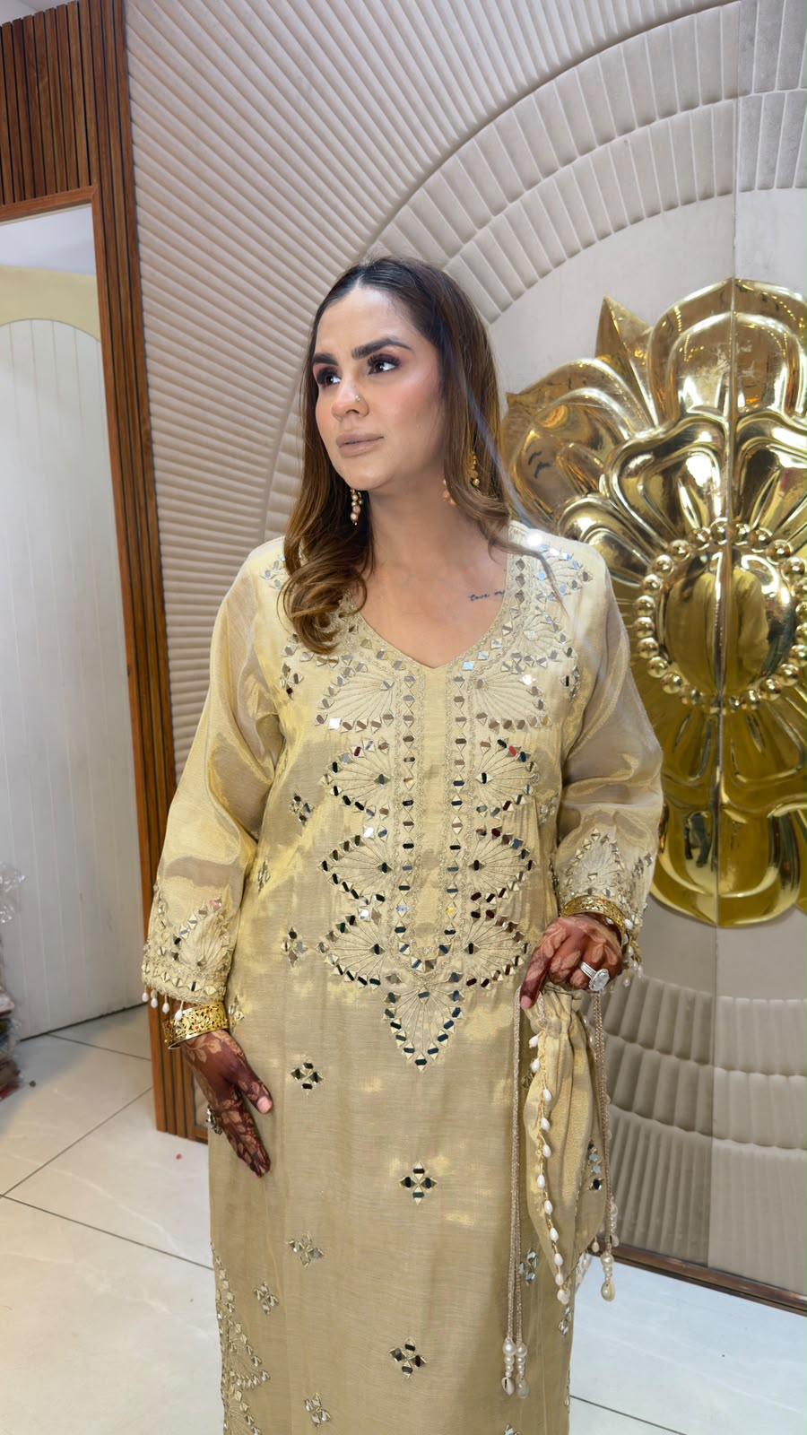 Elegant champagne-gold mirror-work kaftan-style long kurta set PC3366