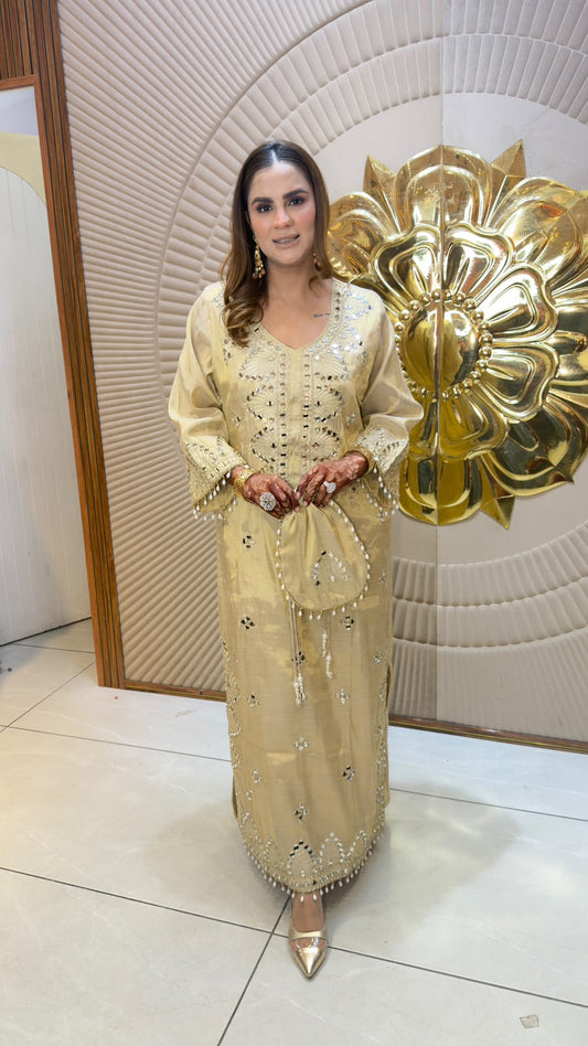 Elegant champagne-gold mirror-work kaftan-style long kurta set PC3366