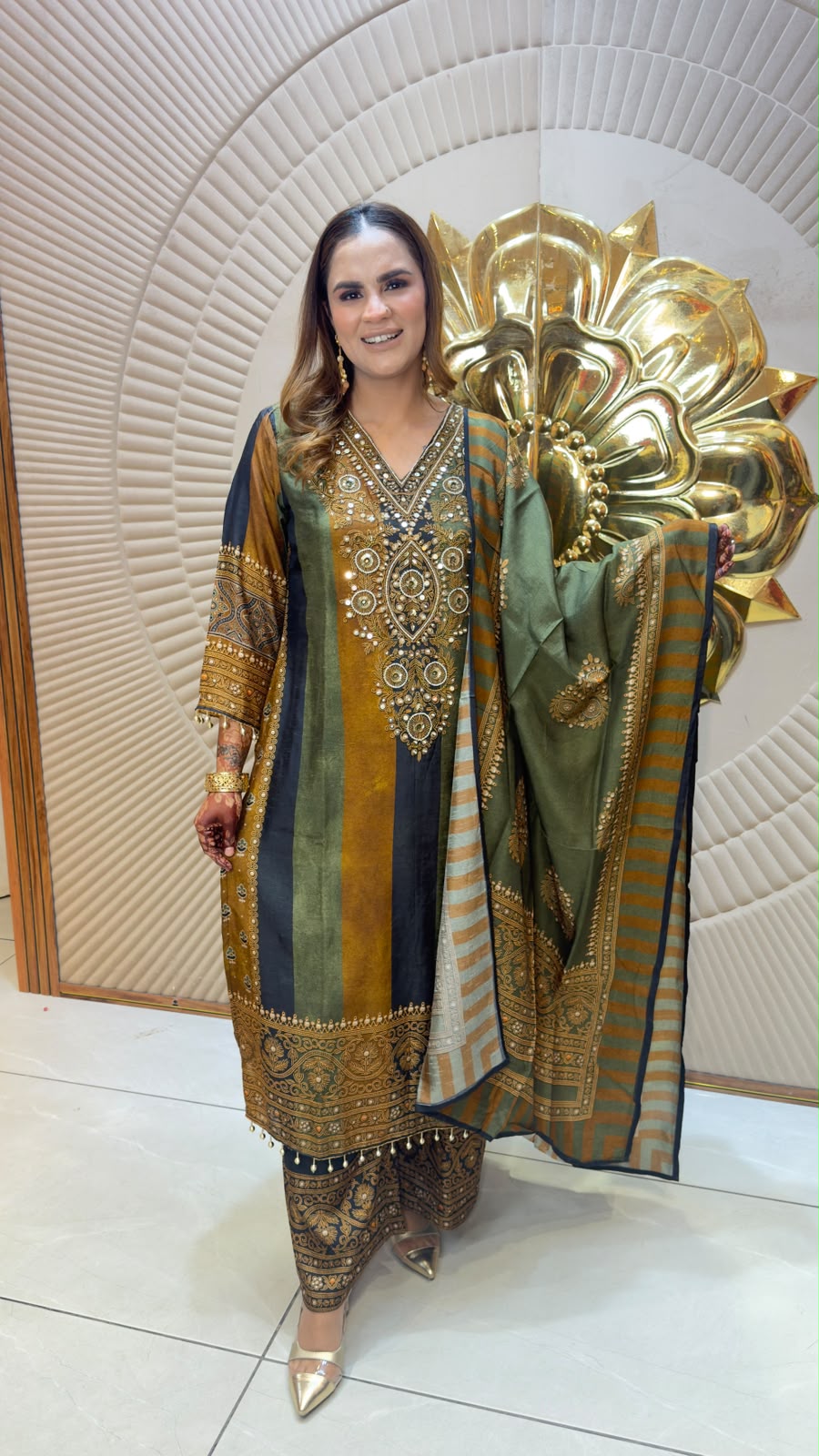 Beautiful olive green and mustard-toned Pakistani-style embroidered 3-piece suit set pc3367