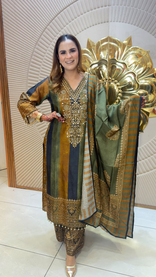 Beautiful olive green and mustard-toned Pakistani-style embroidered 3-piece suit set pc3367