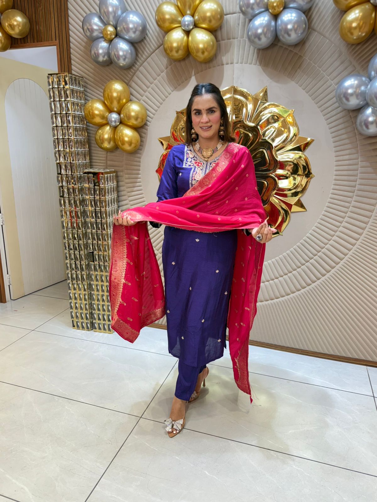 Purple Embroidered Suit with Pink Dupatta PC1827