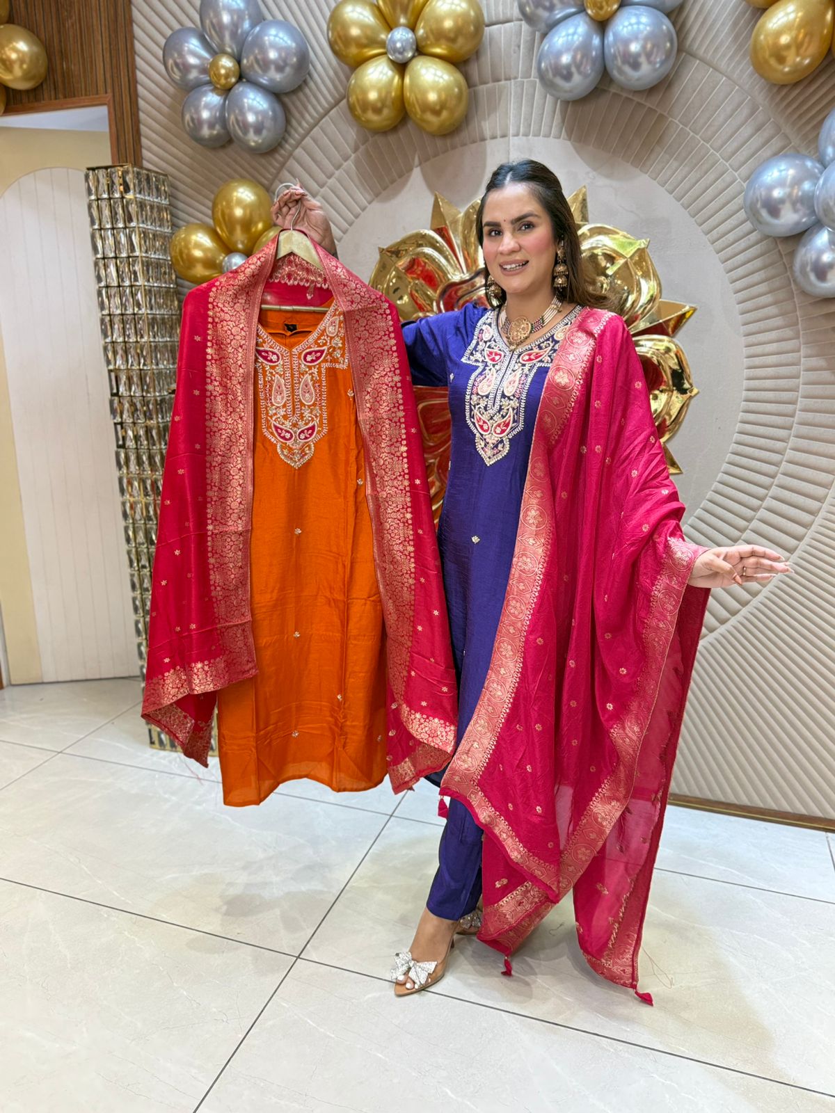 Purple Embroidered Suit with Pink Dupatta PC1827