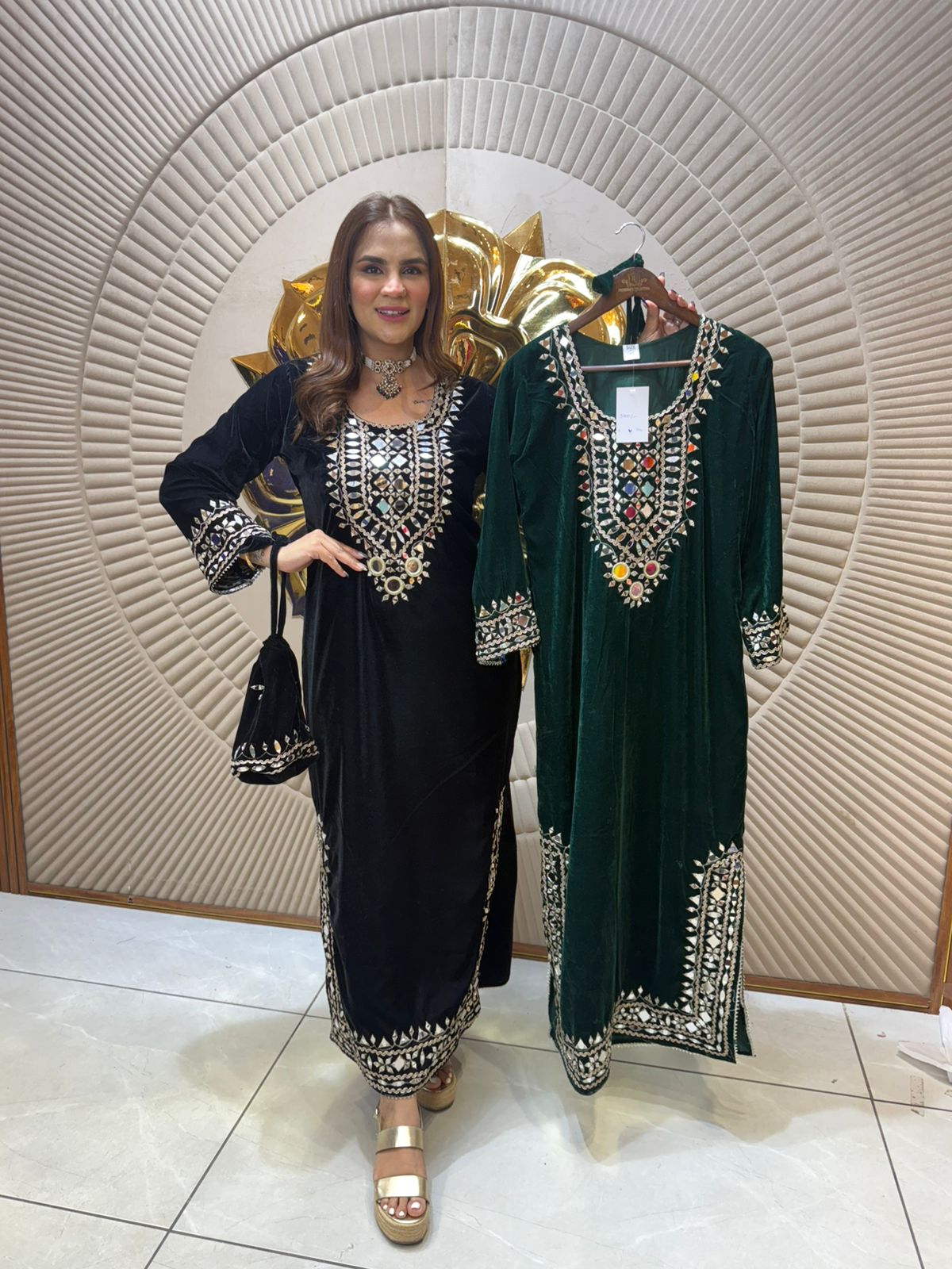 Elegant Velvet Dress With Hand Bag PC2268