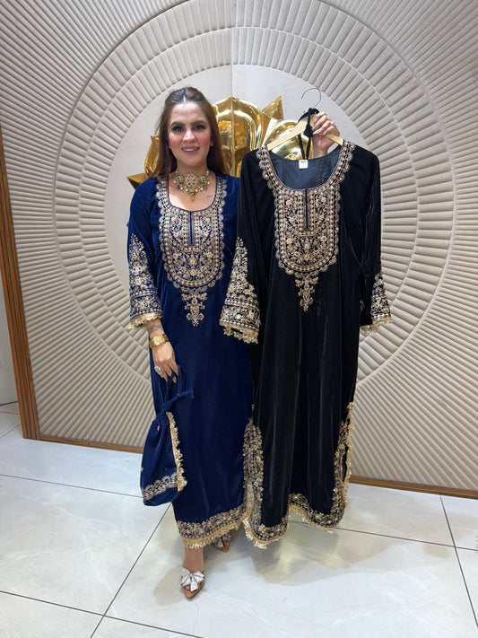 Velvet Suit WIth Beautiful Embroidery and Potli PC2480