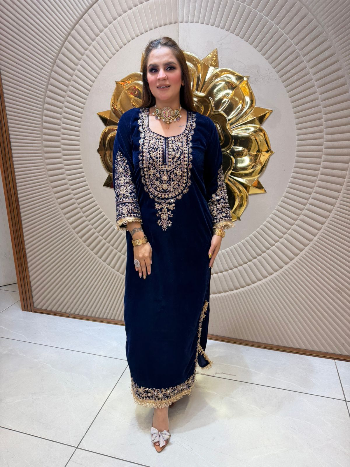 Velvet Suit WIth Beautiful Embroidery and Potli PC2480