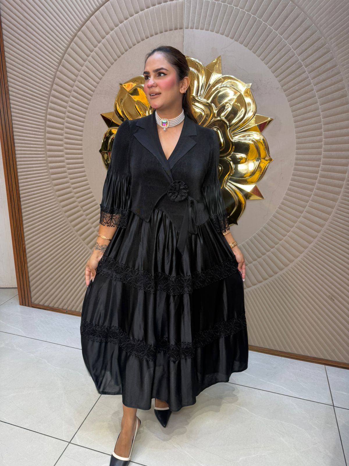 Elegant Party Wear Dress With Lace Work On Arms PC2706