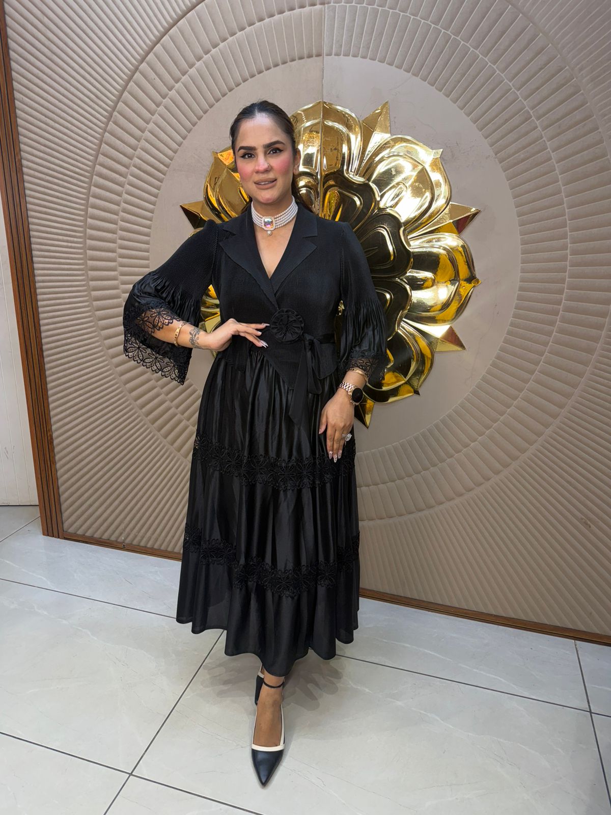 Elegant Party Wear Dress With Lace Work On Arms PC2706